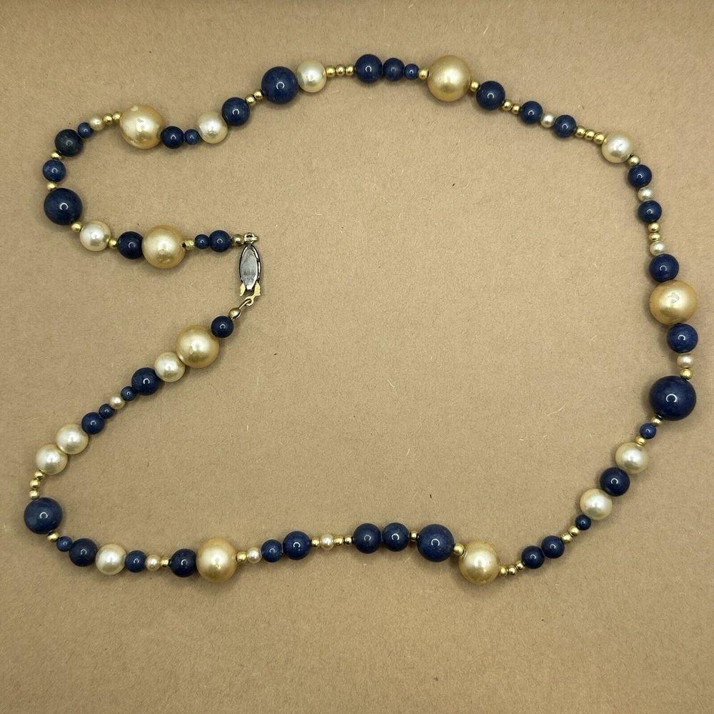 Beautiful Vintage 14K GF Lapis Lazuli and Faux Pearl Beaded Necklace